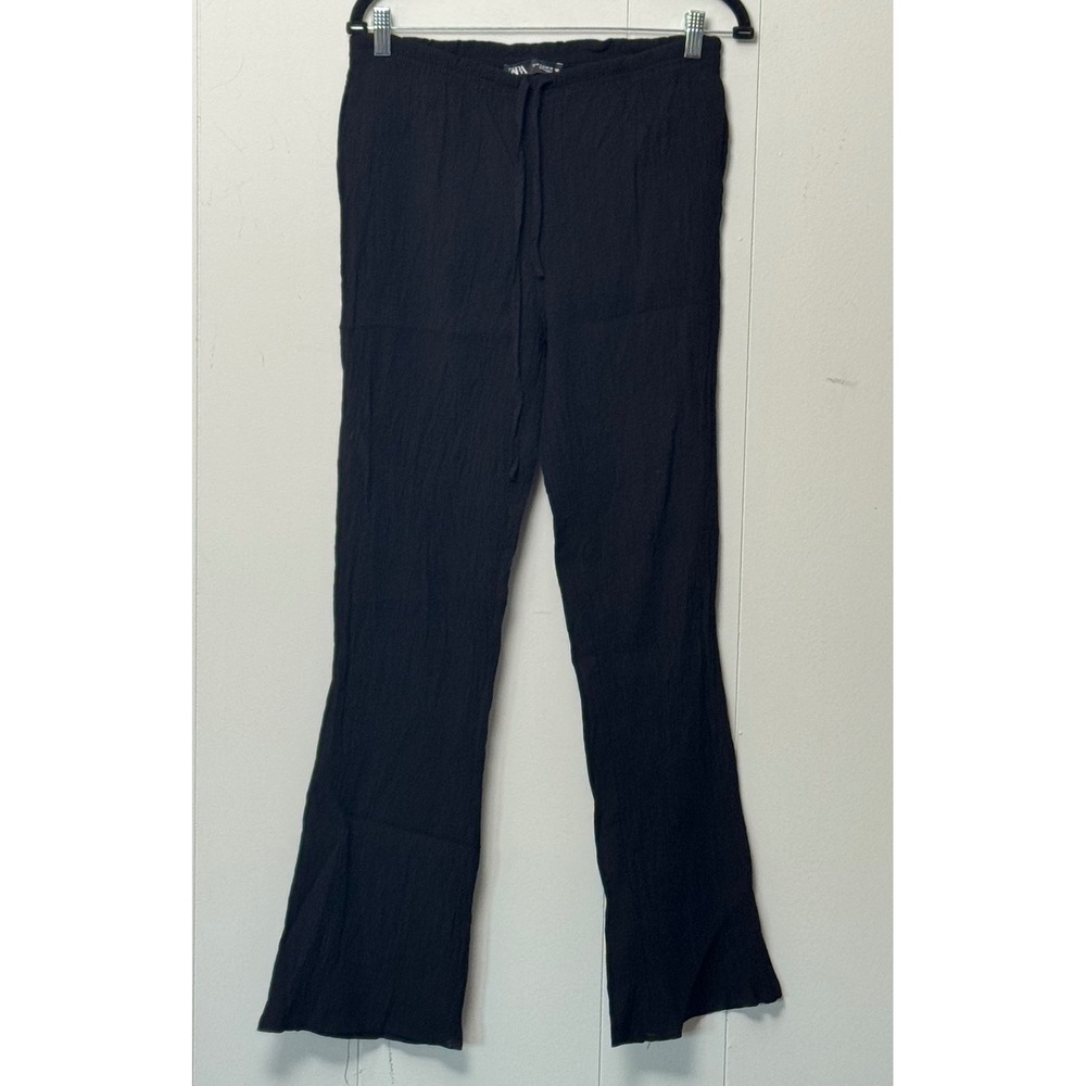 Zara Women's Black Crinkle Textured Drawstring Flare Leg Pants Size Medium